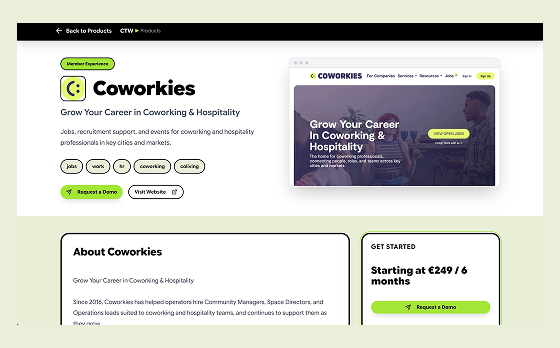 Coworking Tech Week exhibitor showcase page with product details and demo request flow