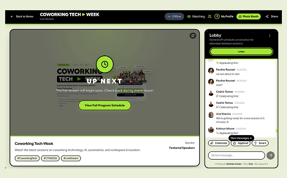 Coworking Tech Week live room with video, session context, and attendee chat