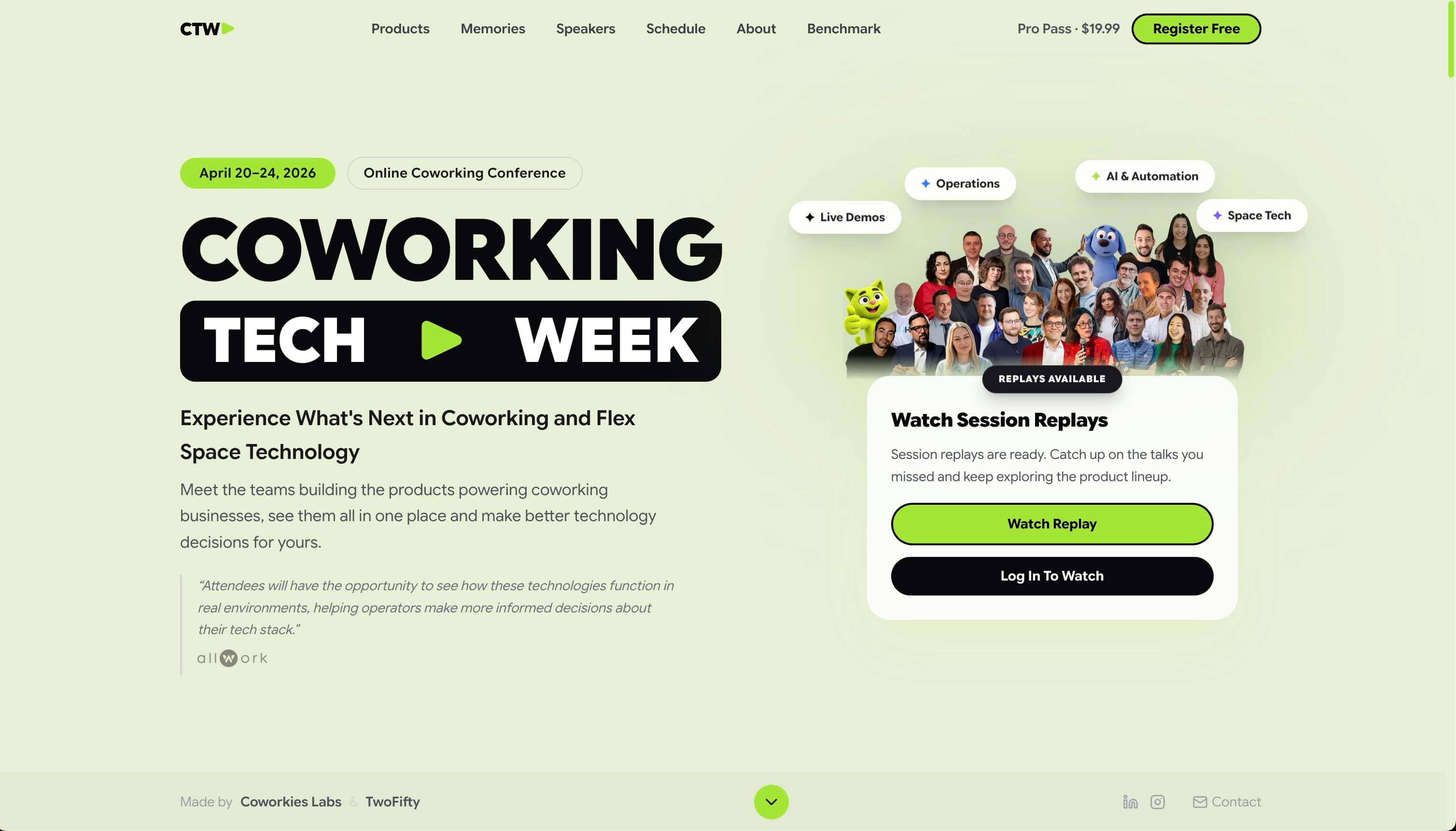 Coworking Tech Week conference hub with program and attendee navigation