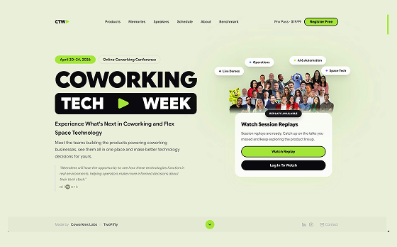 Coworking Tech Week public event hub with schedule and registration paths